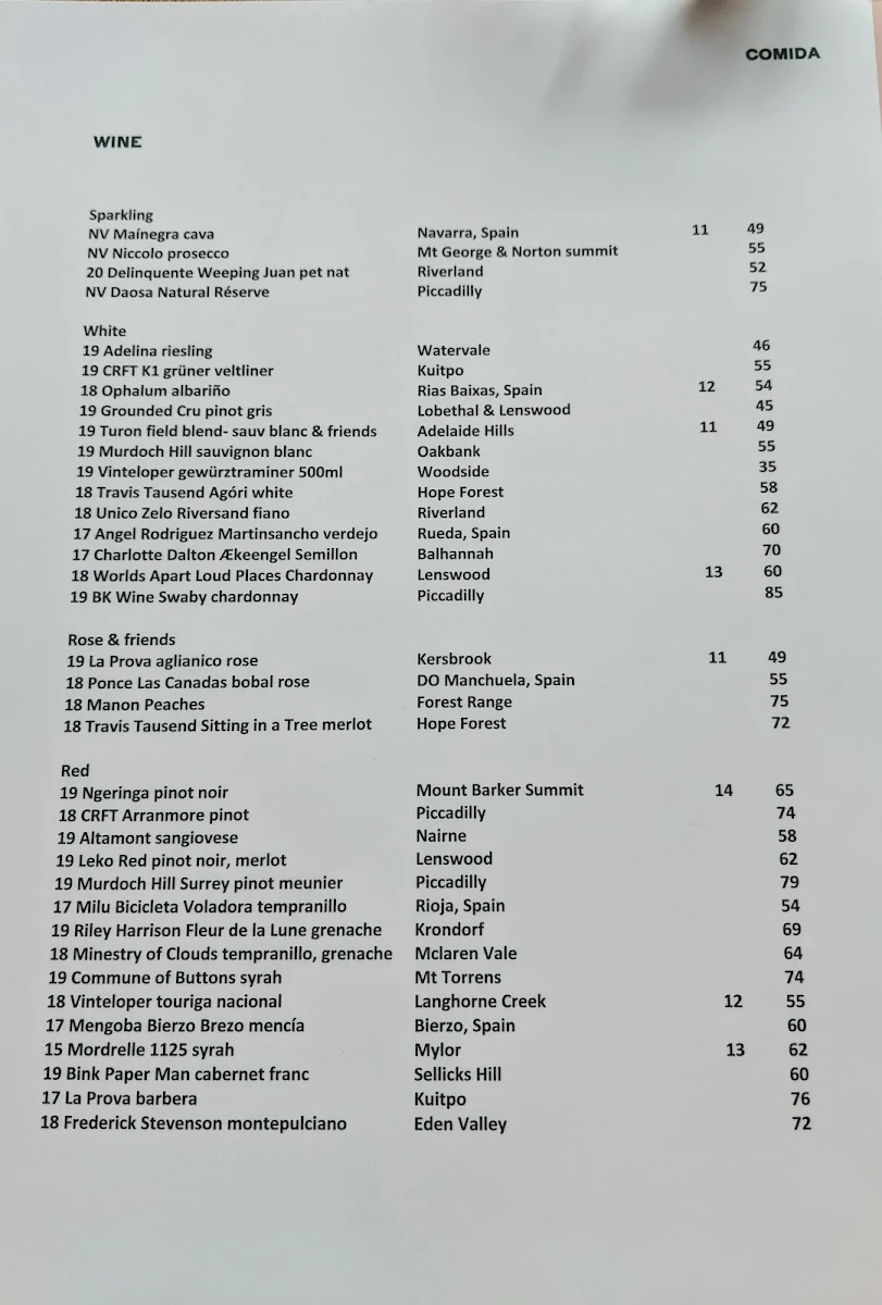 Menu, Comida Hahndorf