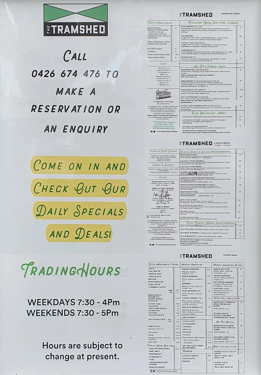 Menu, The Tramshed Cafe Narrabeen