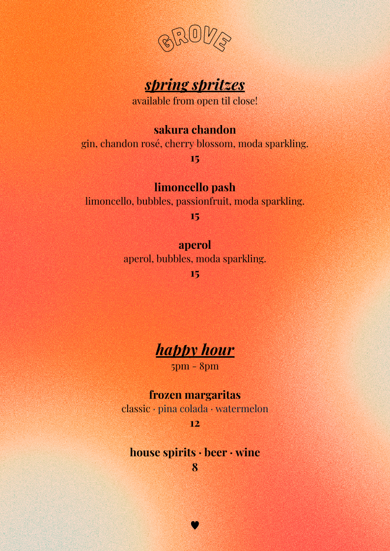 Menu, Grove Bar | Cocktail Lounge