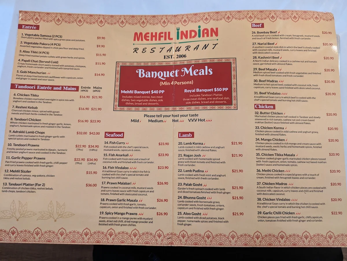 Menu, Mehfil Indian Restaurant