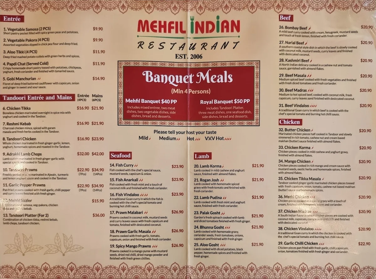 Menu, Mehfil Indian Restaurant