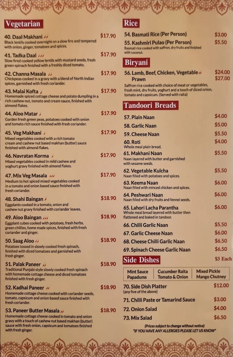 Menu, Mehfil Indian Restaurant
