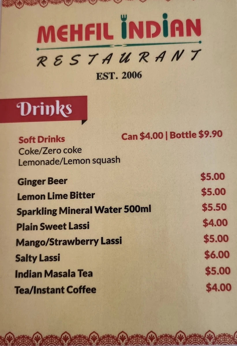 Menu, Mehfil Indian Restaurant
