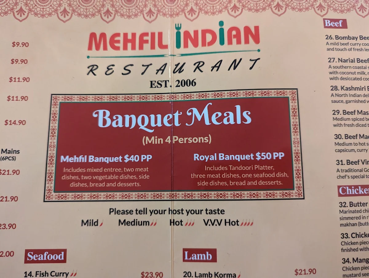 Menu, Mehfil Indian Restaurant