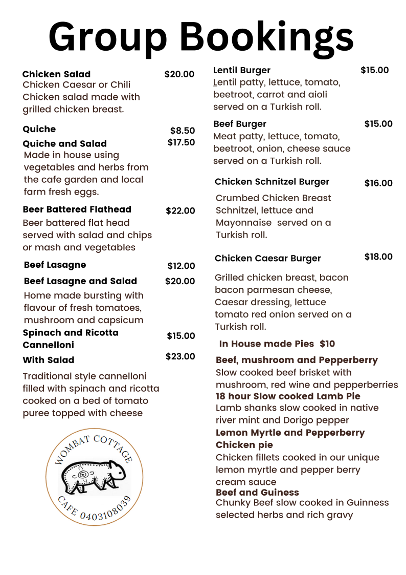 Menu, Wombat Cottage