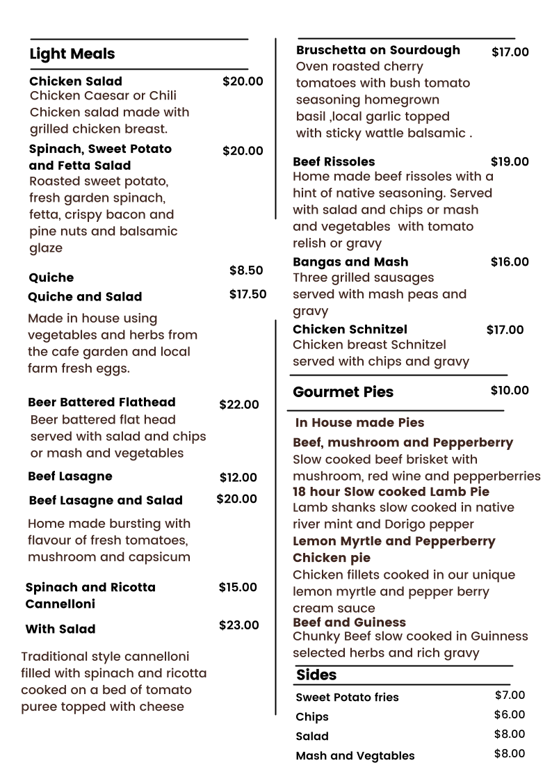 Menu, Wombat Cottage
