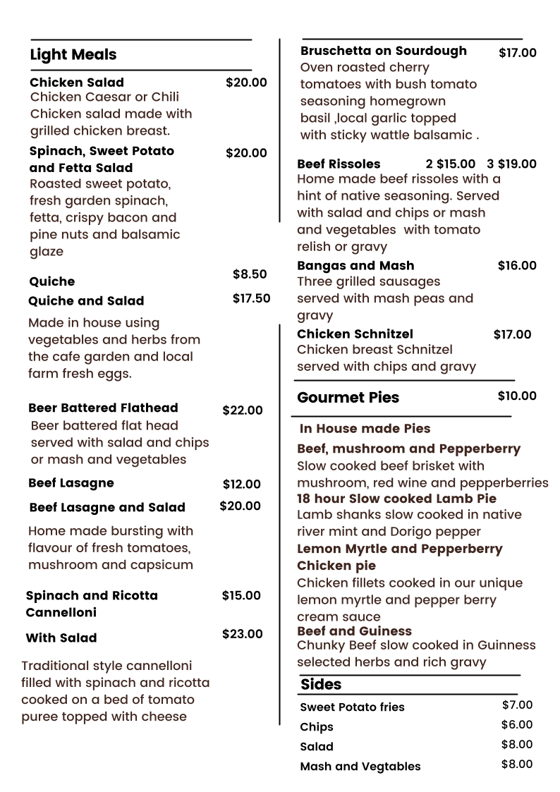 Menu, Wombat Cottage