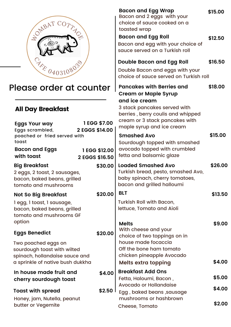 Menu, Wombat Cottage