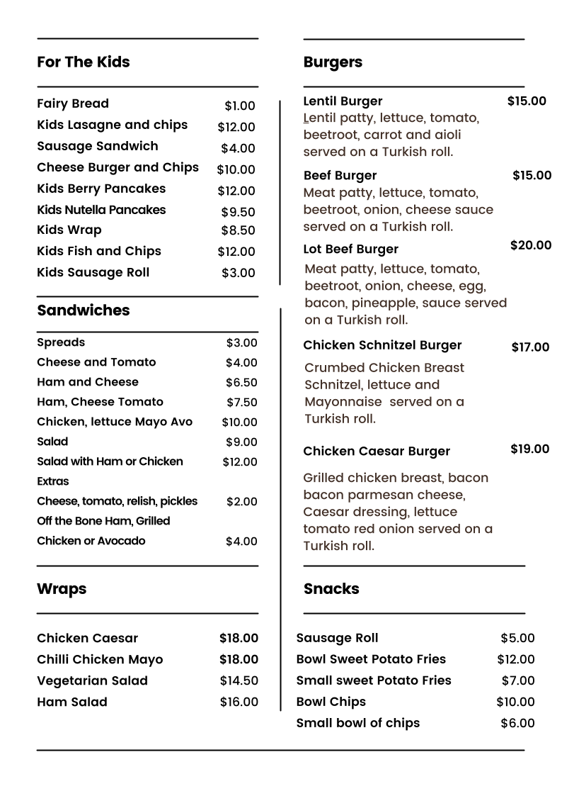 Menu, Wombat Cottage
