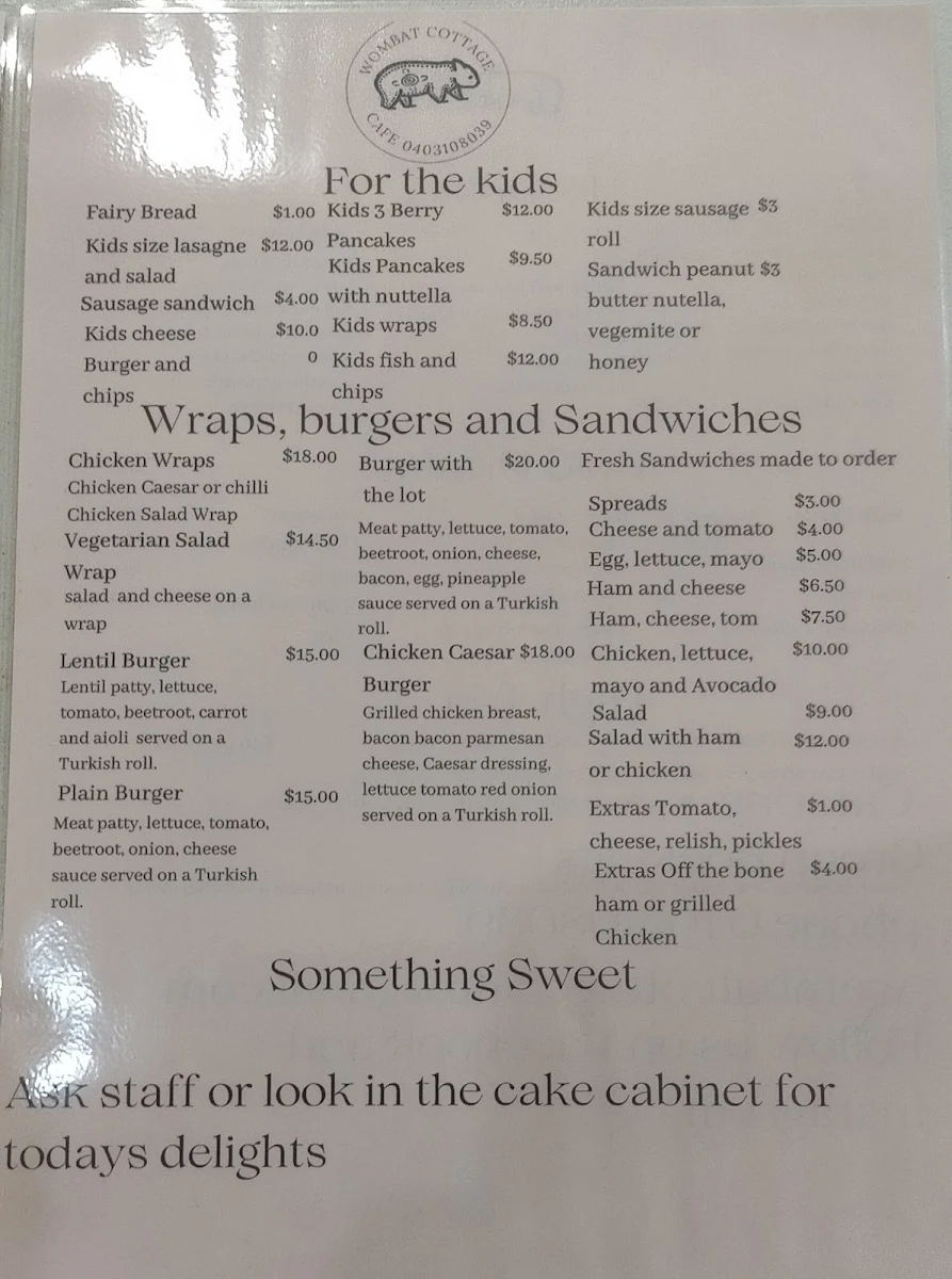 Menu, Wombat Cottage
