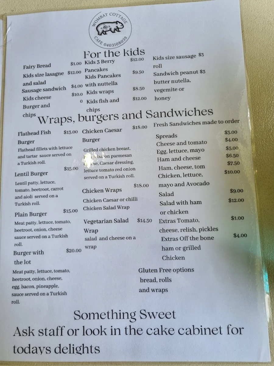 Menu, Wombat Cottage