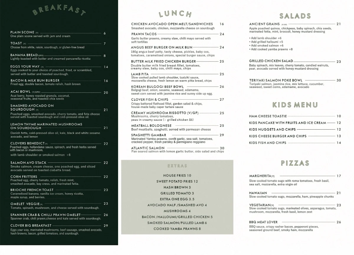 Menu, Clover Cafe & Co