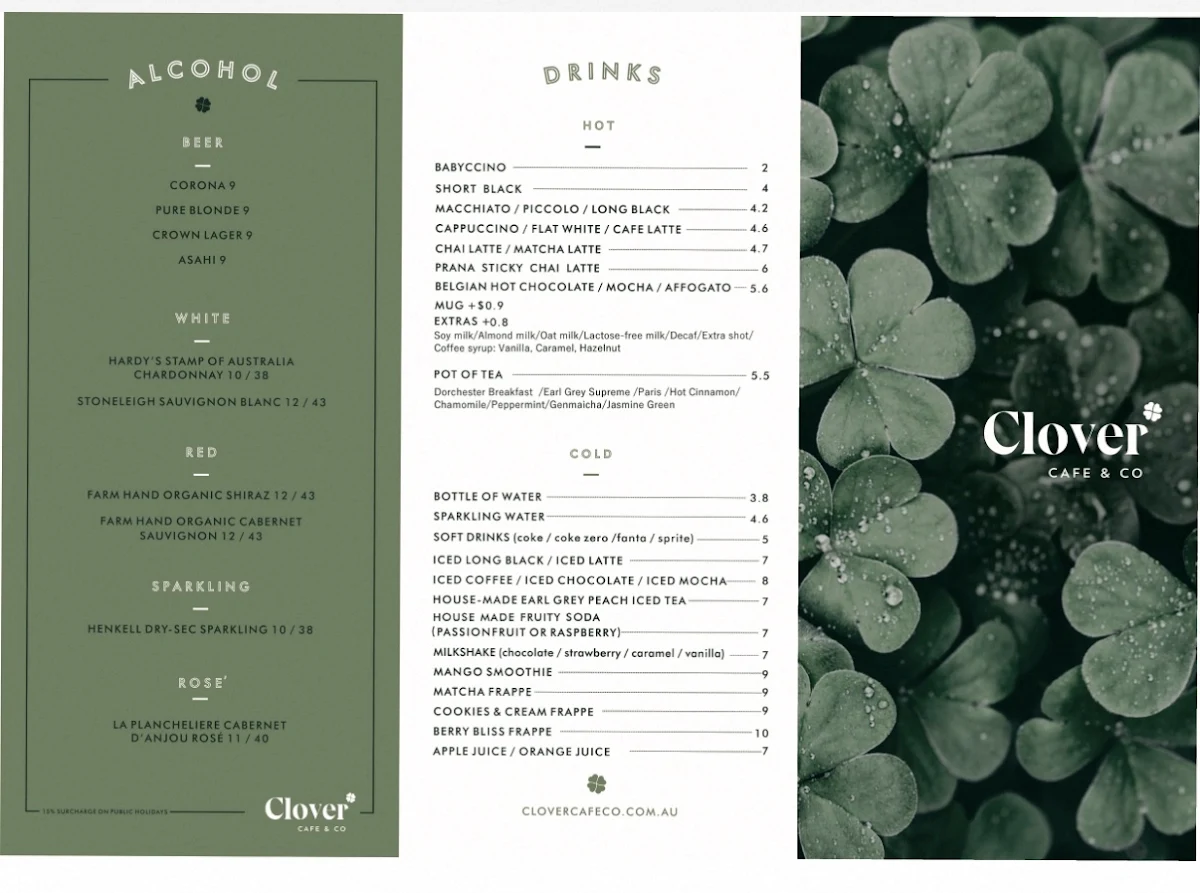 Menu, Clover Cafe & Co