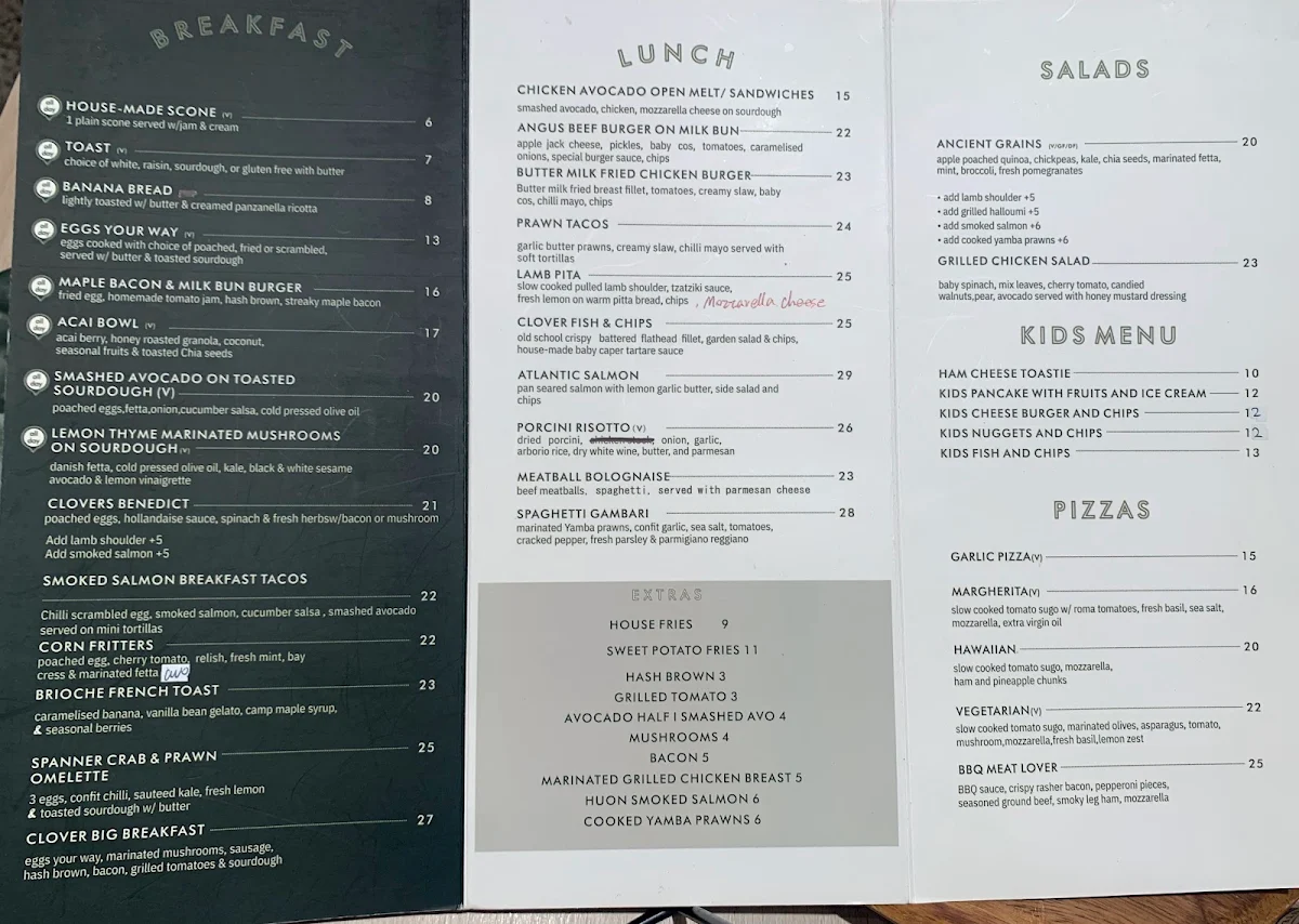 Menu, Clover Cafe & Co