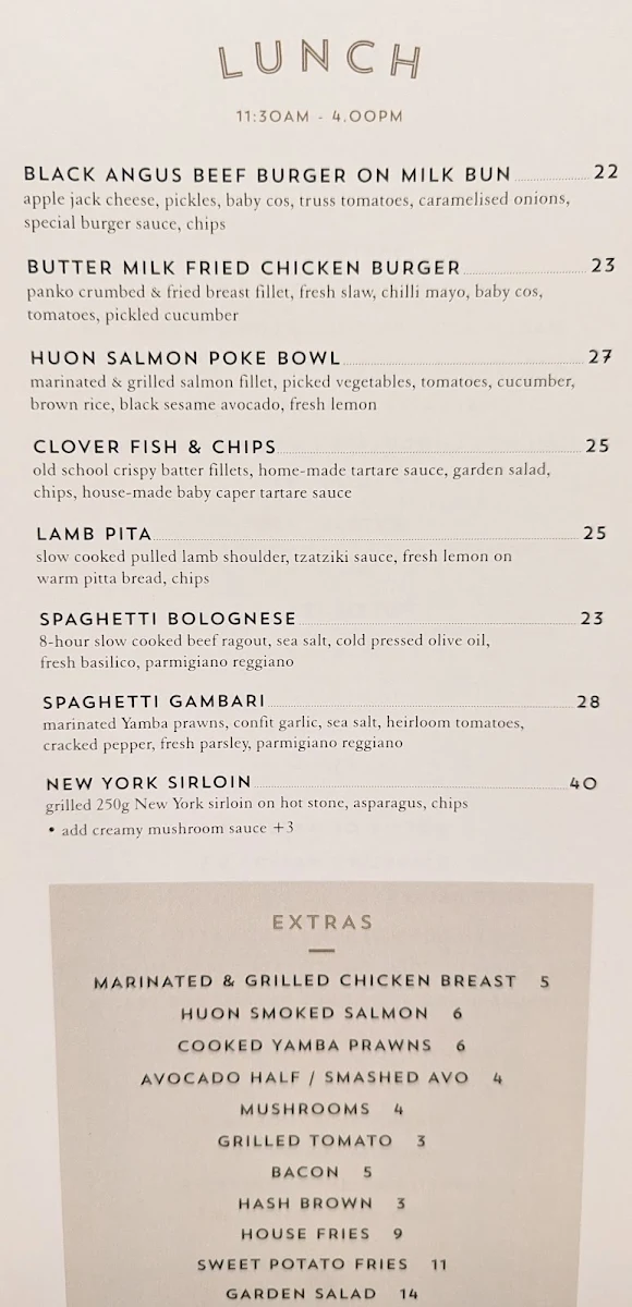 Menu, Clover Cafe & Co