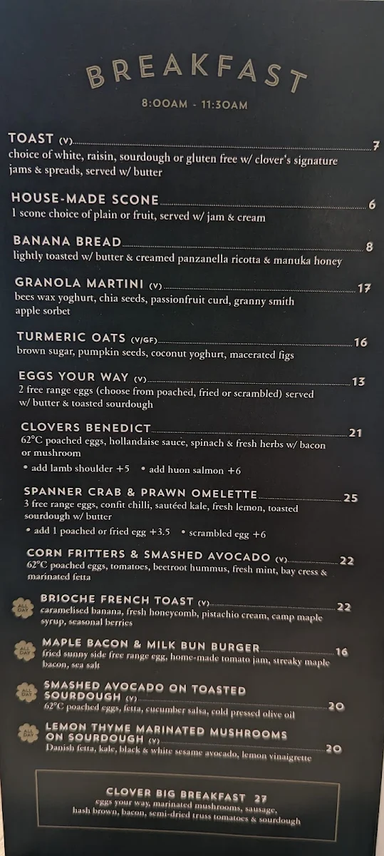 Menu, Clover Cafe & Co