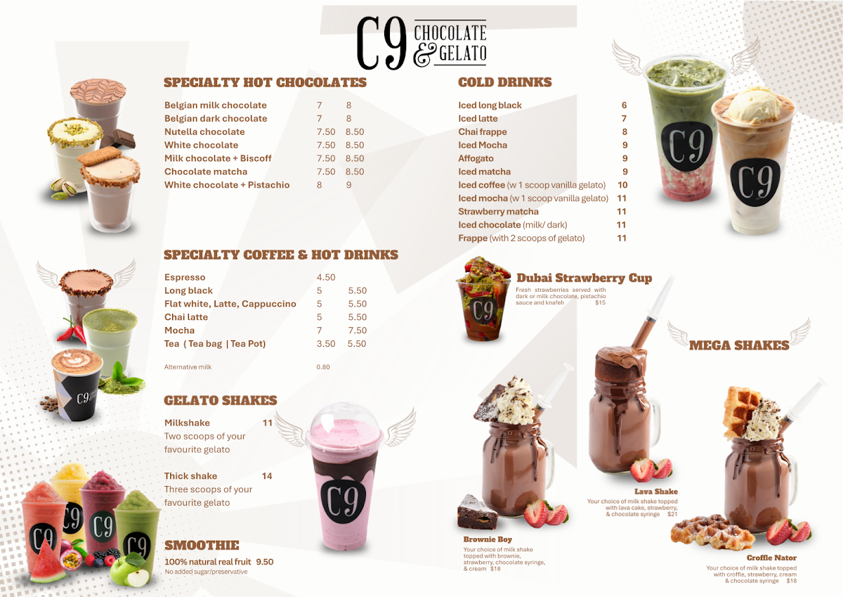 Menu, C9 Chocolate and Gelato Newtown