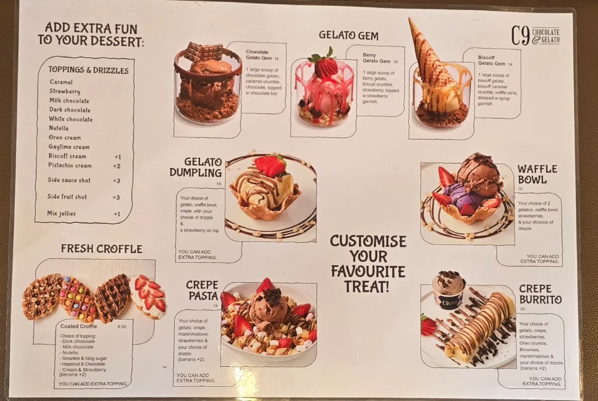 Menu, C9 Chocolate and Gelato Newtown