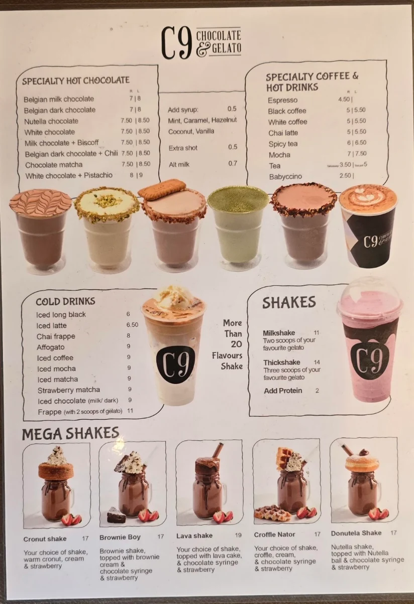 Menu, C9 Chocolate and Gelato Newtown