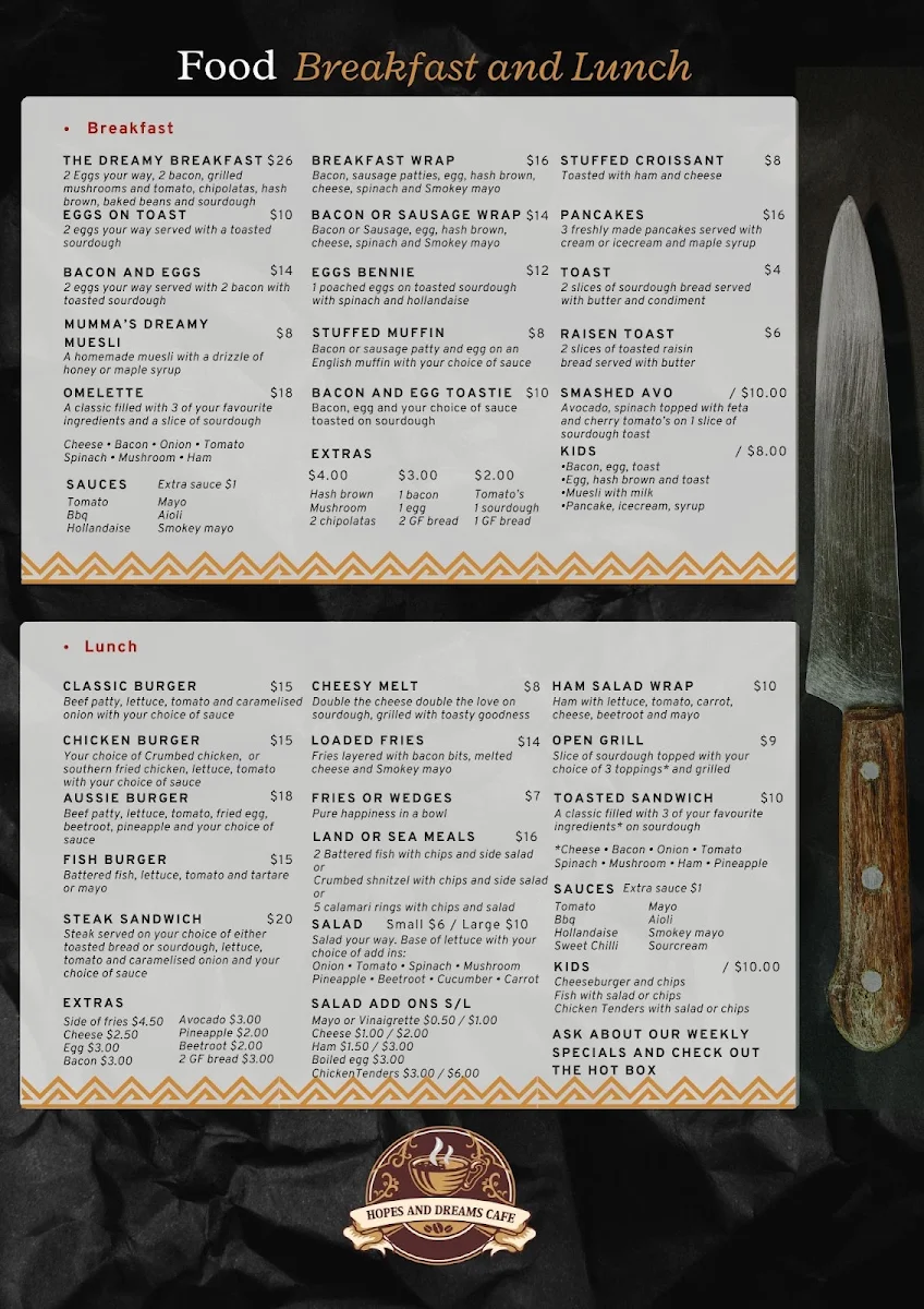Menu, Hopes and dreams cafe