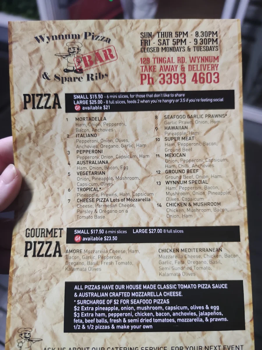 Menu, Wynnum Pizza & Spare Ribs