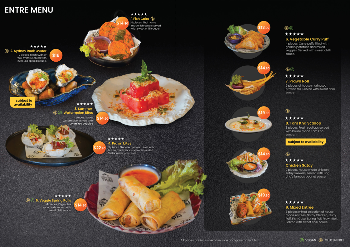 Menu, Ling Ling Thai Dubbo