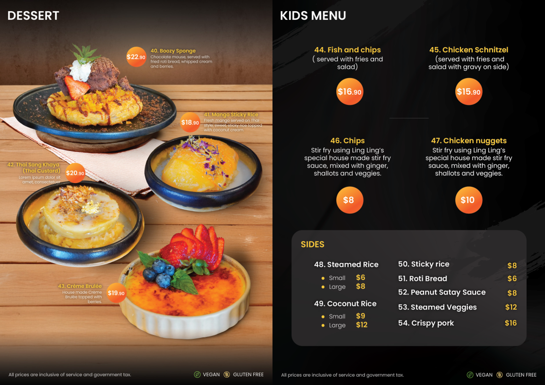 Menu, Ling Ling Thai Dubbo
