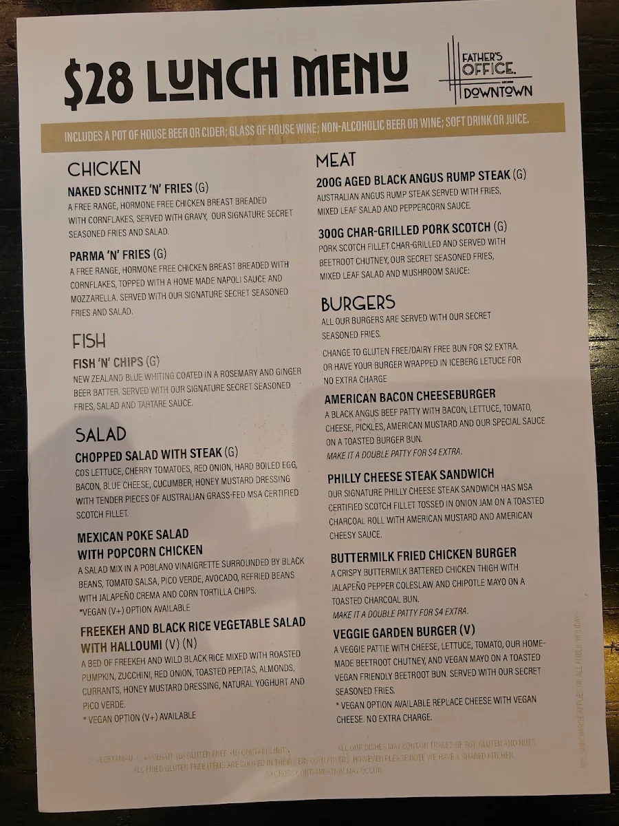 Menu, Father's Office Downtown