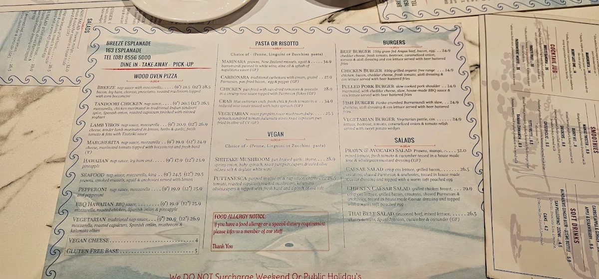 Menu, Breeze Cafe & Bar