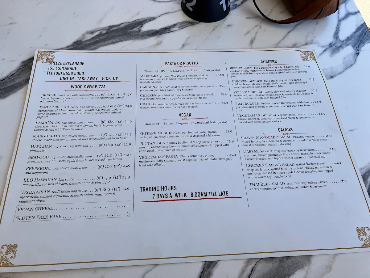 Menu, Breeze Cafe & Bar