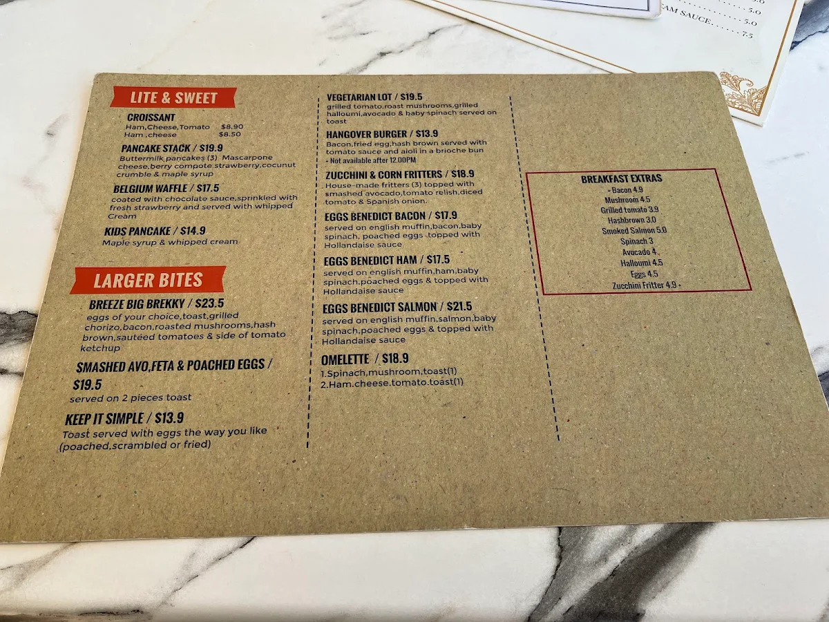 Menu, Breeze Cafe & Bar