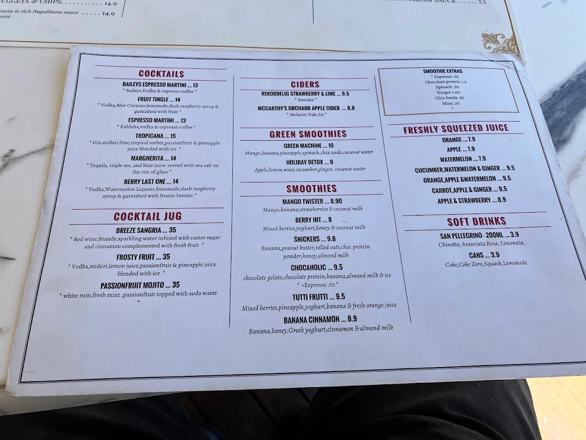 Menu, Breeze Cafe & Bar