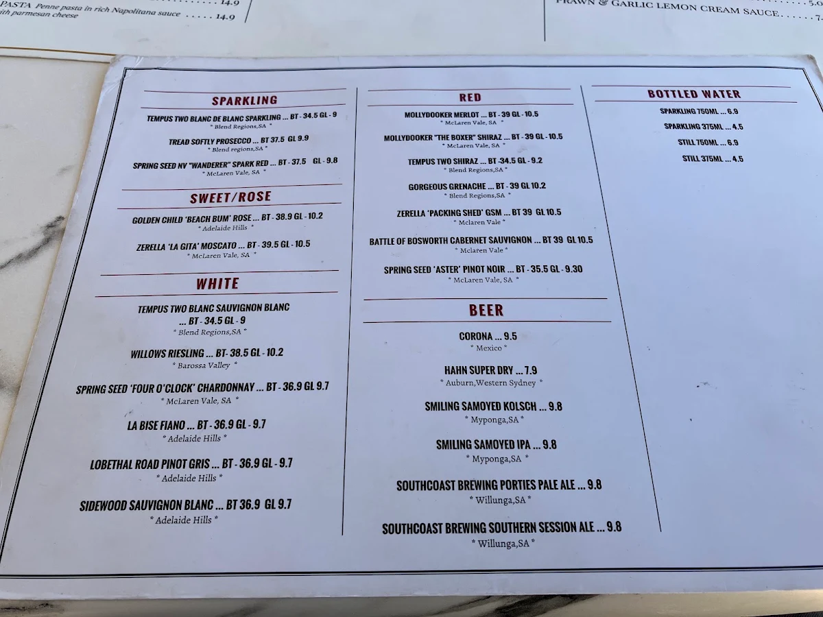 Menu, Breeze Cafe & Bar