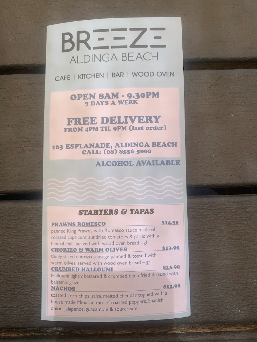 Menu, Breeze Cafe & Bar