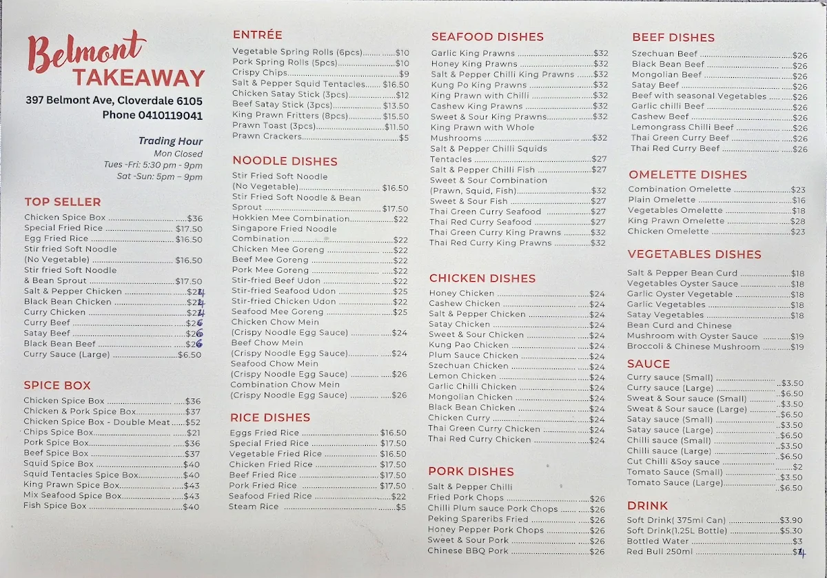 Menu, Belmont Takeaway