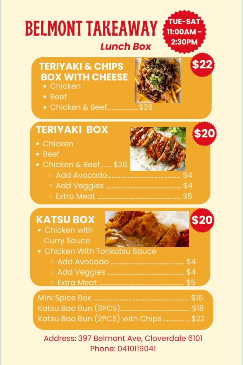 Menu, Belmont Takeaway
