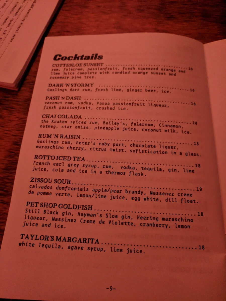 Menu, Rodney's Bait 'n Tackle