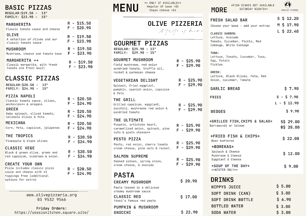 Menu, Olive Pizzeria
