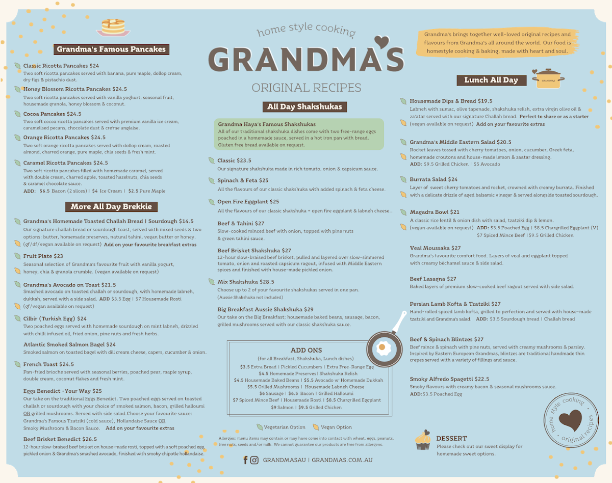Menu, Grandma's