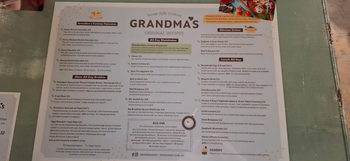 Menu, Grandma's