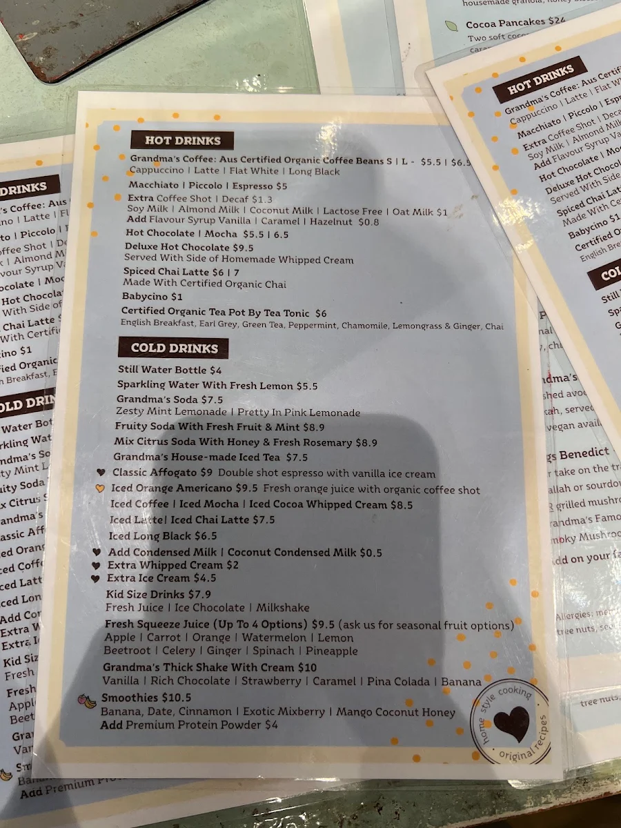 Menu, Grandma's