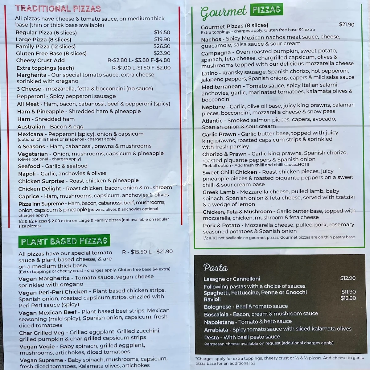 Menu, Pizza Inn Gosford