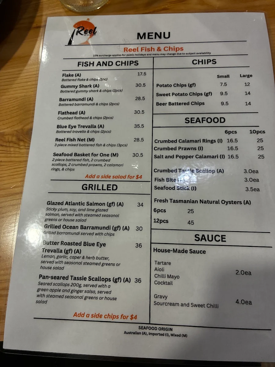 Menu, Reel Fish and Chips