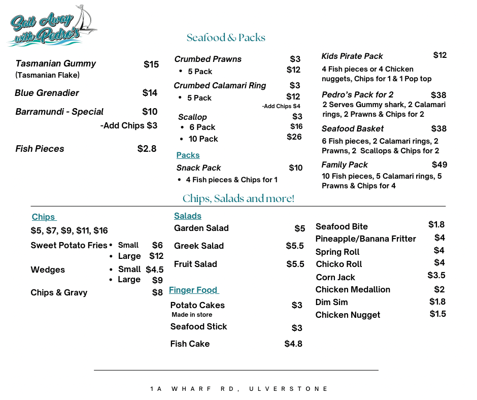 Menu, Sail Away Cafe with Pedro's