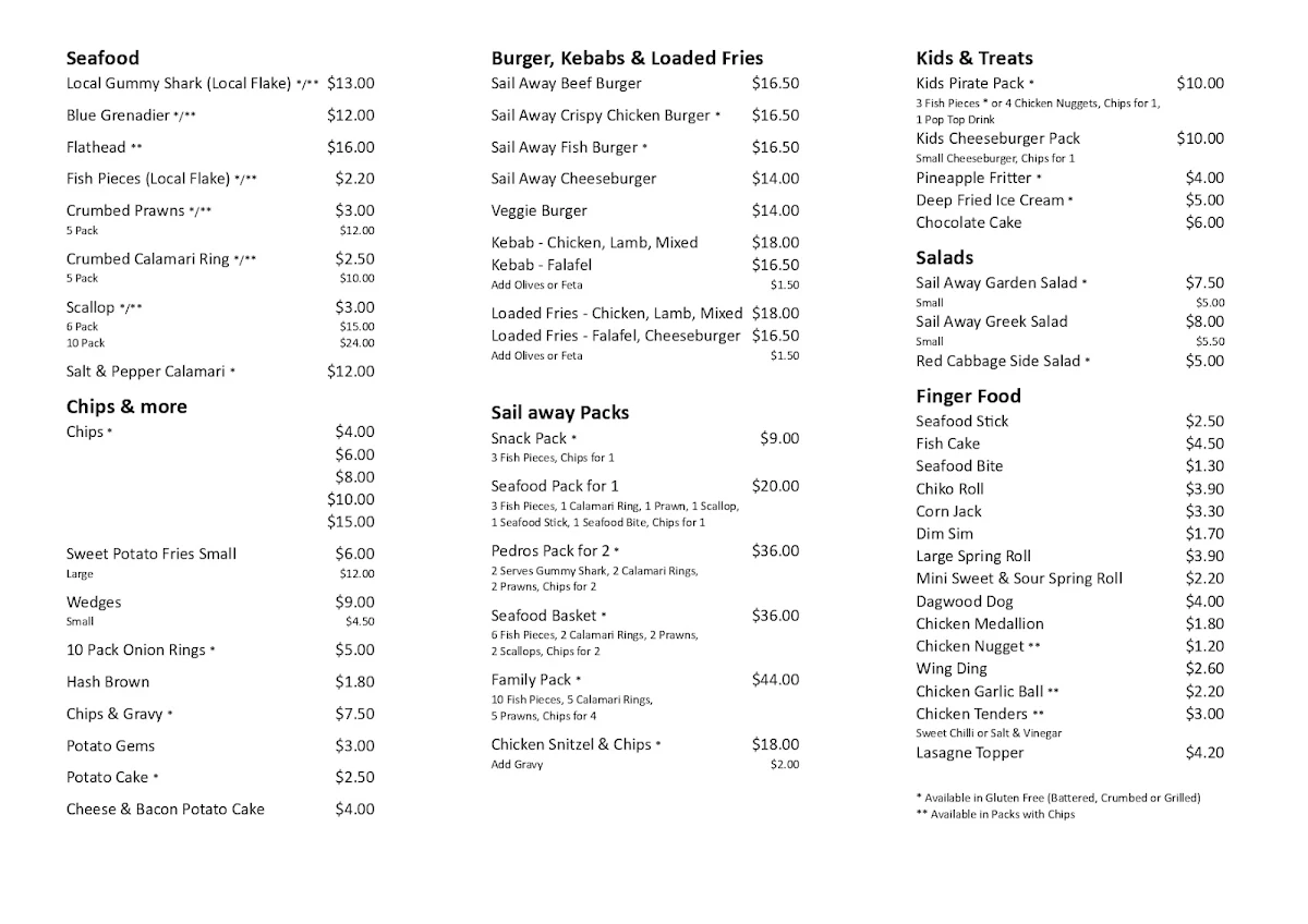 Menu, Sail Away Cafe with Pedro's