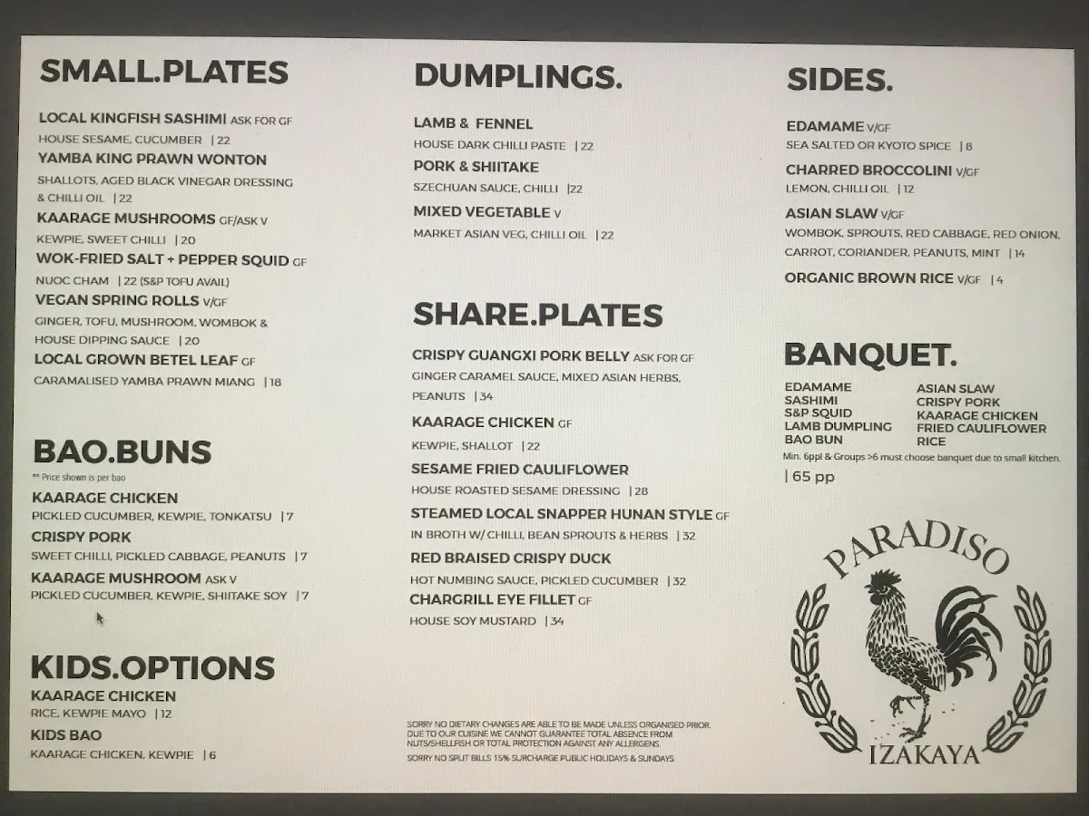 Menu, Paradiso Restaurant & Bar
