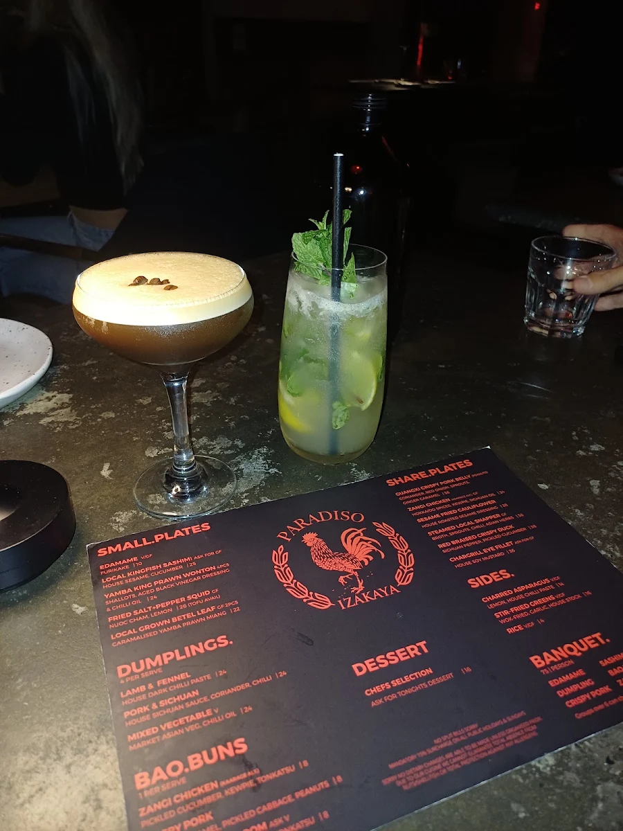 Menu, Paradiso Restaurant & Bar