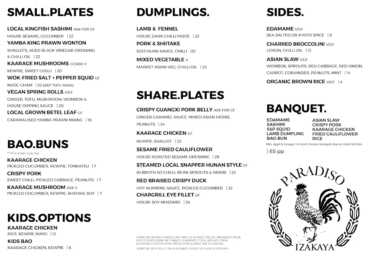 Menu, Paradiso Restaurant & Bar