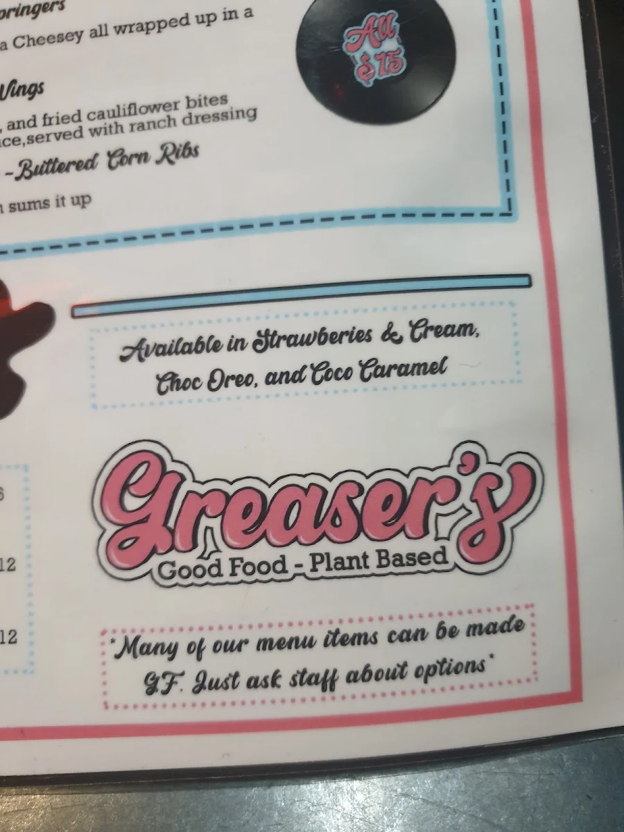 Menu, Greaser's Good Food