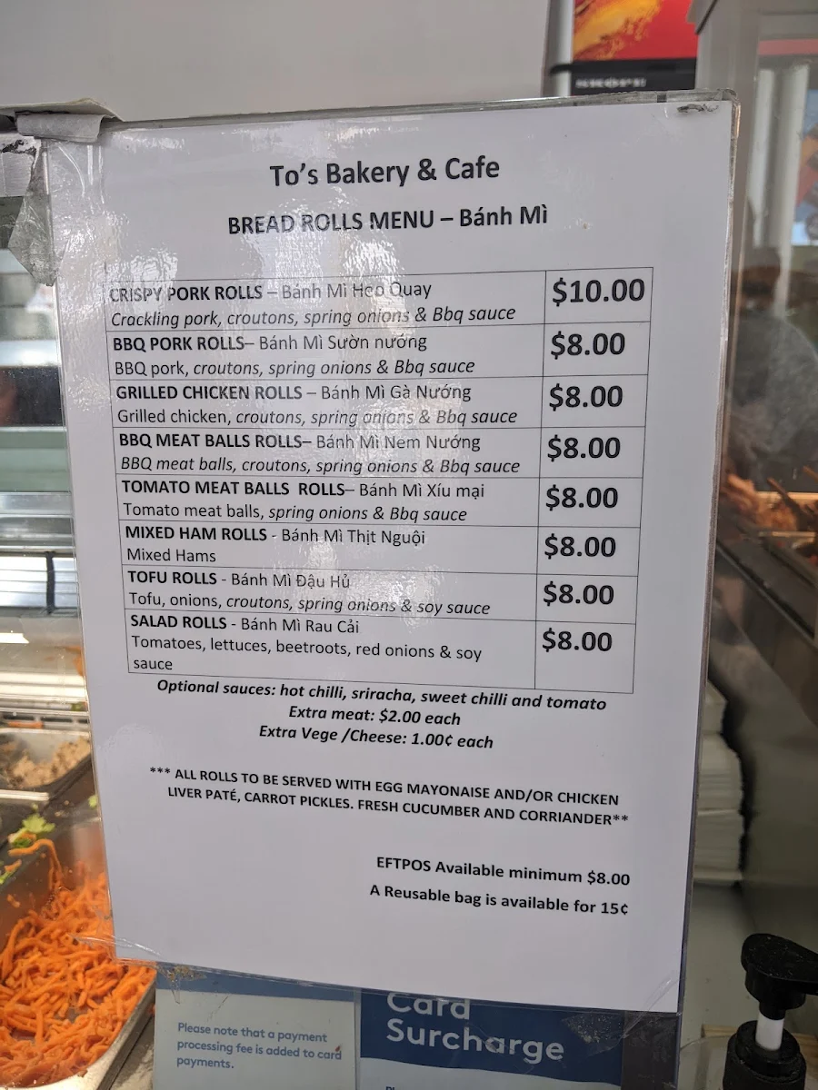 Menu, To's Bakery & Cafe